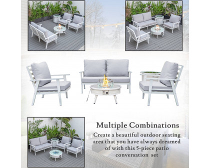 LeisureMod Walbrooke Modern White Patio Conversation With Round Fire Pit With Slats Design & Tank Holder - Light Gray