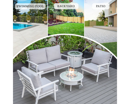 LeisureMod Walbrooke Modern White Patio Conversation With Round Fire Pit With Slats Design & Tank Holder - Light Gray