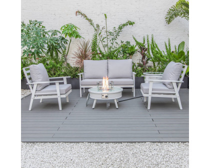 LeisureMod Walbrooke Modern White Patio Conversation With Round Fire Pit With Slats Design & Tank Holder - Light Gray