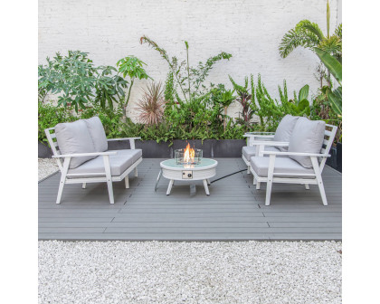 LeisureMod Walbrooke Modern White Patio Conversation With Round Fire Pit With Slats Design & Tank Holder - Light Gray