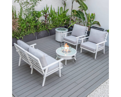 LeisureMod Walbrooke Modern White Patio Conversation With Round Fire Pit With Slats Design & Tank Holder - Light Gray