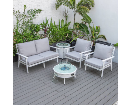 LeisureMod Walbrooke Modern White Patio Conversation With Round Fire Pit With Slats Design & Tank Holder - Light Gray