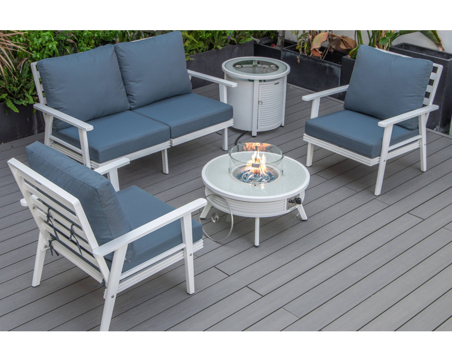 LeisureMod Walbrooke Modern White Patio Conversation With Round Fire Pit With Slats Design & Tank Holder - Navy Blue