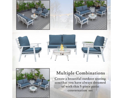 LeisureMod Walbrooke Modern White Patio Conversation With Round Fire Pit With Slats Design & Tank Holder - Navy Blue