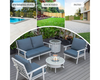 LeisureMod Walbrooke Modern White Patio Conversation With Round Fire Pit With Slats Design & Tank Holder - Navy Blue