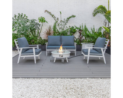 LeisureMod Walbrooke Modern White Patio Conversation With Round Fire Pit With Slats Design & Tank Holder - Navy Blue