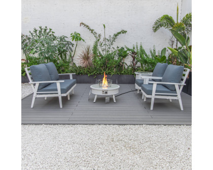 LeisureMod Walbrooke Modern White Patio Conversation With Round Fire Pit With Slats Design & Tank Holder - Navy Blue