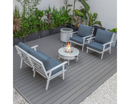 LeisureMod Walbrooke Modern White Patio Conversation With Round Fire Pit With Slats Design & Tank Holder - Navy Blue