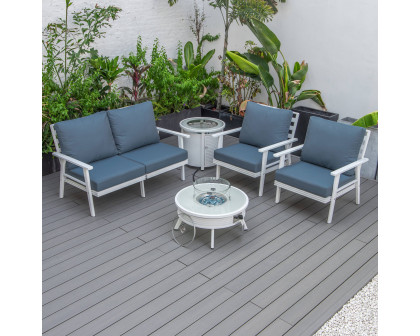 LeisureMod Walbrooke Modern White Patio Conversation With Round Fire Pit With Slats Design & Tank Holder - Navy Blue