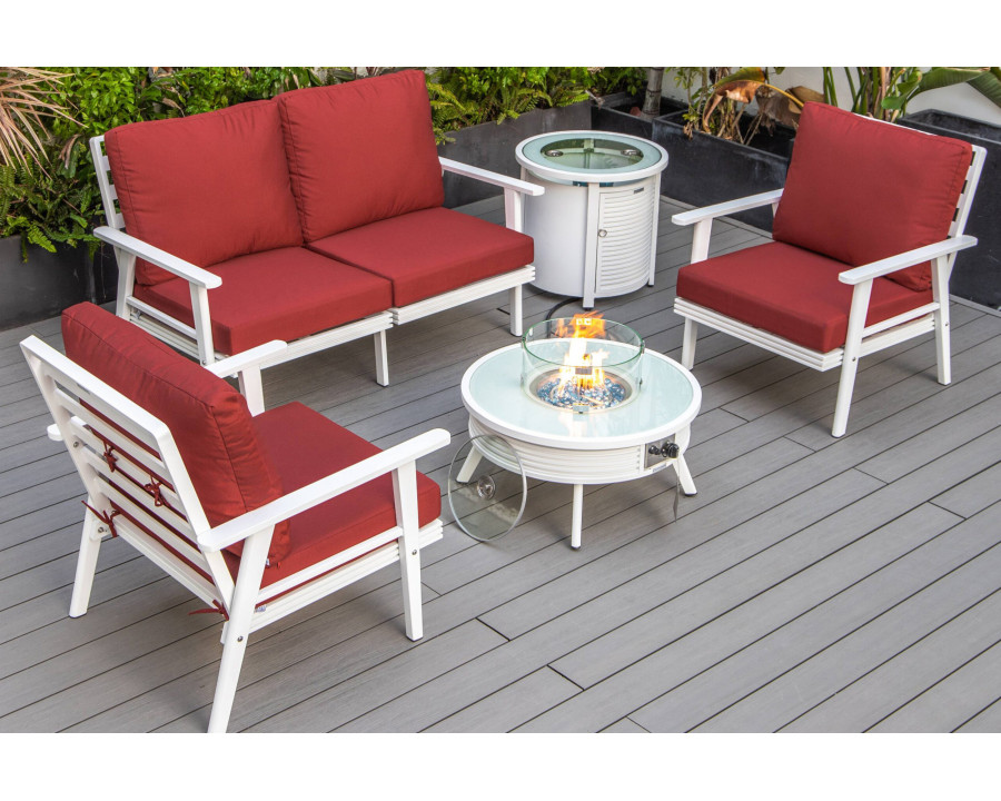 LeisureMod Walbrooke Modern White Patio Conversation With Round Fire Pit With Slats Design & Tank Holder - Red