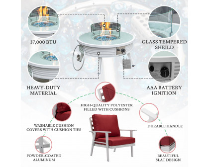 LeisureMod Walbrooke Modern White Patio Conversation With Round Fire Pit With Slats Design & Tank Holder - Red