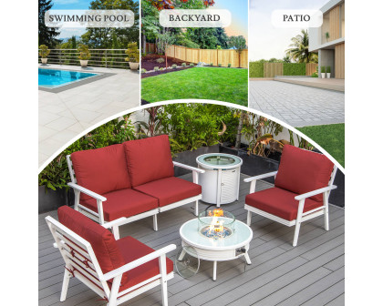 LeisureMod Walbrooke Modern White Patio Conversation With Round Fire Pit With Slats Design & Tank Holder - Red