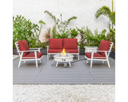 LeisureMod Walbrooke Modern White Patio Conversation With Round Fire Pit With Slats Design & Tank Holder - Red