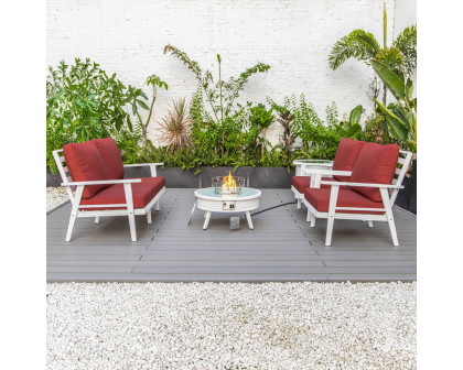 LeisureMod Walbrooke Modern White Patio Conversation With Round Fire Pit With Slats Design & Tank Holder - Red