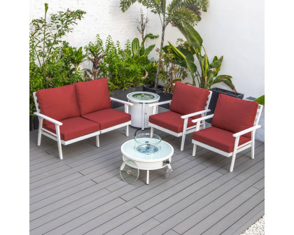 LeisureMod Walbrooke Modern White Patio Conversation With Round Fire Pit With Slats Design & Tank Holder - Red