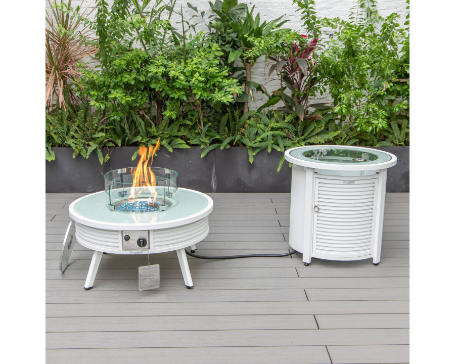 LeisureMod Walbrooke Outdoor Patio Round Fire Pit and Tank Holder with Slats Design - White