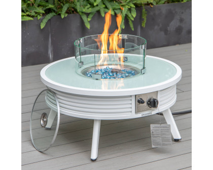 LeisureMod Walbrooke Outdoor Patio Round Fire Pit and Tank Holder with Slats Design - White