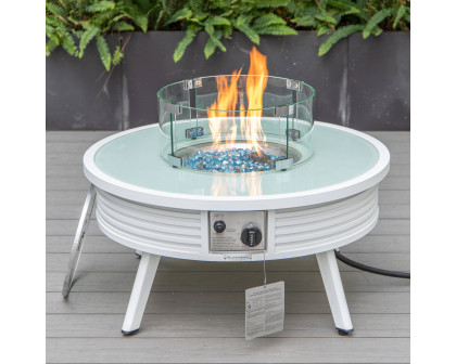 LeisureMod Walbrooke Modern Outdoor Round Fire Pit Table with Powder-Coated Aluminum Frame and Slats Design - White