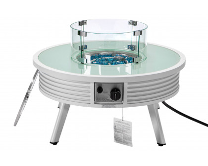 LeisureMod Walbrooke Modern Outdoor Round Fire Pit Table with Powder-Coated Aluminum Frame and Slats Design - White