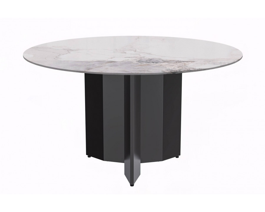 LeisureMod Zevro Modern 60" Round Dining Table with Sintered Stone Top and Black Base - White Gray