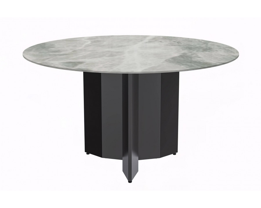 LeisureMod Zevro Modern 60" Round Dining Table with Sintered Stone Top and Black Base - Light Gray