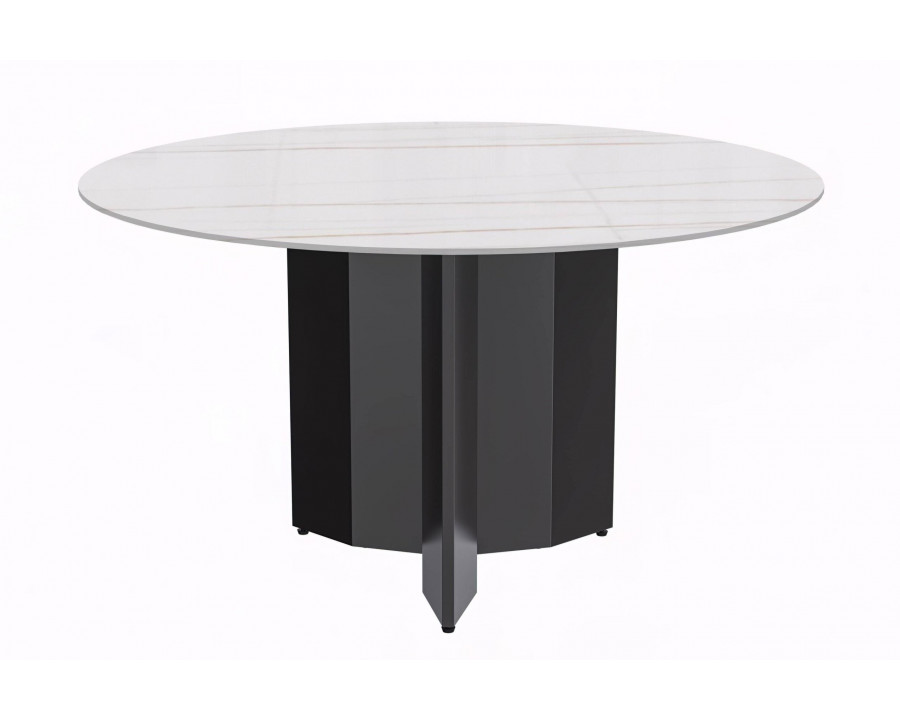 LeisureMod Zevro Modern 60" Round Dining Table with Sintered Stone Top and Black Base - White/Gold