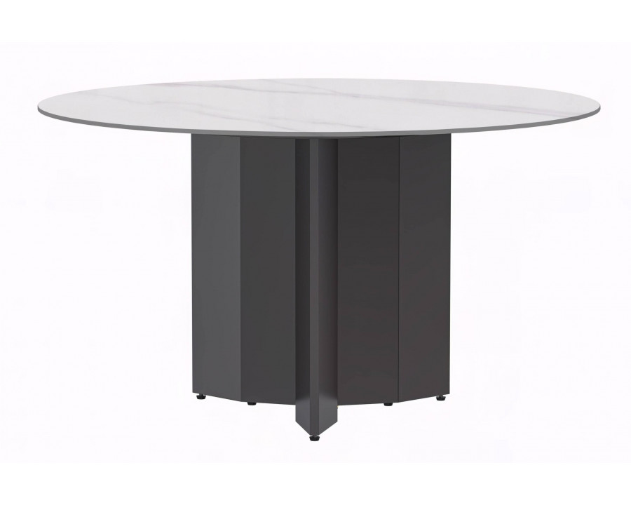 LeisureMod Zevro Modern 60" Round Dining Table with Sintered Stone Top and Black Base - White