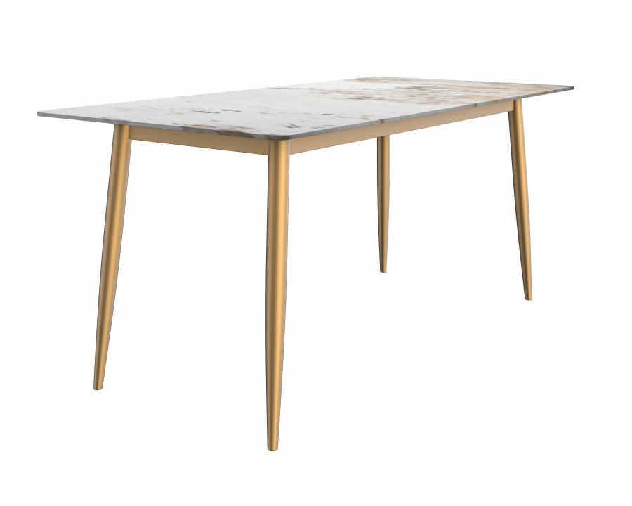 LeisureMod Zayle Modern Dining Table with 71" Sintered Stone Top and Gold Steel Base - White Gray