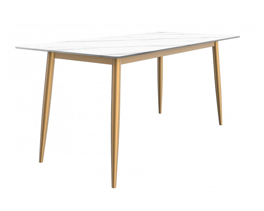 LeisureMod Zayle Modern Dining Table with 71" Sintered Stone Top and Gold Steel Base - White