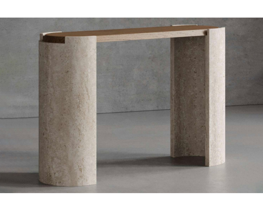 Madina Tsarikaeva Antiquite Console - Walnut Wood, Travertine Classico