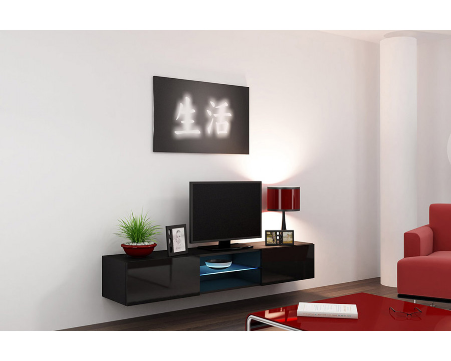 Maxima Modern Floating 71" Long TV Stand Vigo Glass with Led - Black