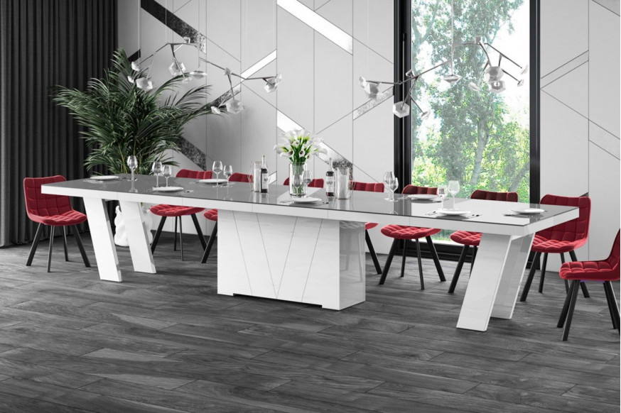 Maxima™ Aleta Dining Set with 4 Self-Storing Leaves Plus 10 Chairs - Gray/White/Red