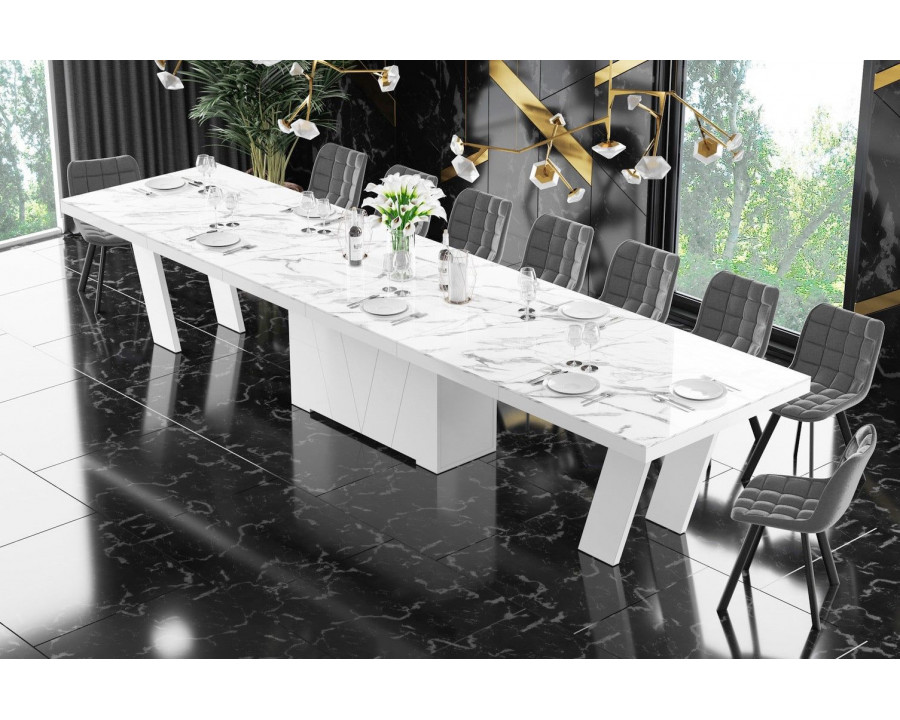 Maxima Aleta Dining Set with 4 Self-Storing Leaves Plus 10 Chairs - Marble/White/Gray