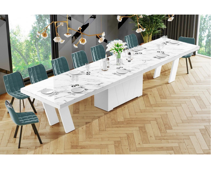 Maxima Aleta Dining Set with 4 Self-Storing Leaves Plus 10 Chairs - Marble/White/Green