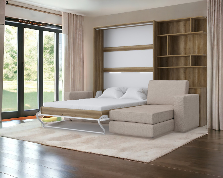 Maxima - Invento Full Xl Vertical Murphy Bed with Corner Sofa and A Bookcase in Standard