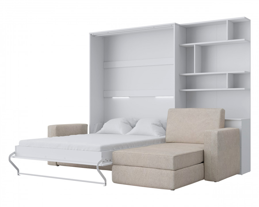 Maxima Inverto Murphy Bed with Sofa and Bookcase - Beige/White, Queen Size