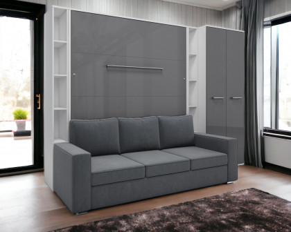 Maxima Inverto Murphy Vertical Bed with 2 Cabinets and Wardrobe - Gray/White Monaco, Queen Size