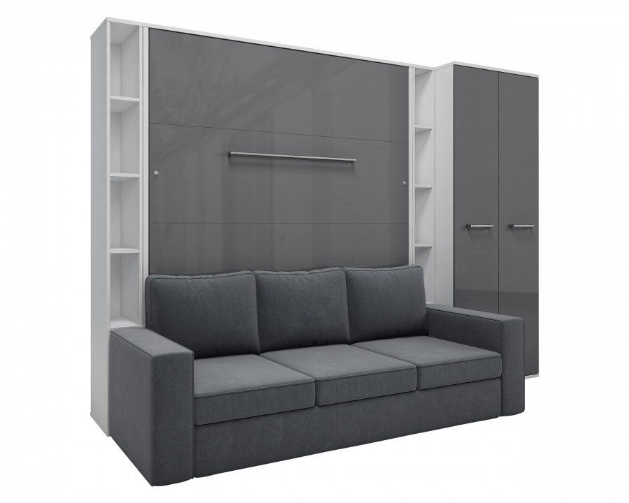 Maxima Inverto Murphy Vertical Bed with 2 Cabinets and Wardrobe - Gray/White Monaco, Queen Size