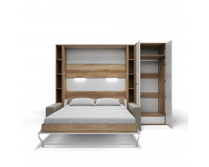 Maxima Inverto Murphy Vertical Bed with 2 Cabinets and Wardrobe - Oak Country/White/Beige, Queen Size