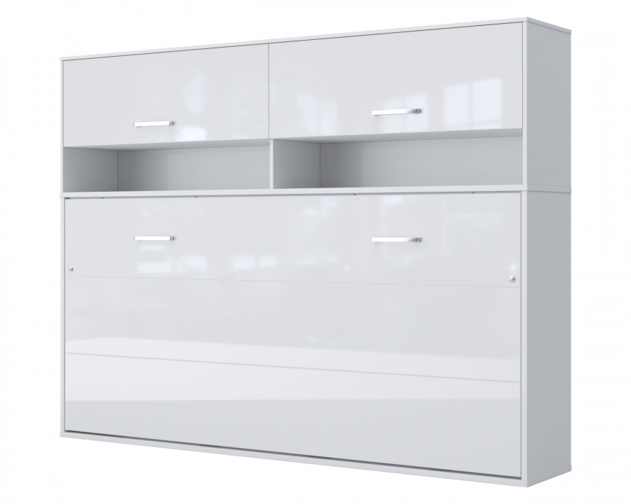 Maxima Inverto Murphy Horizontal Wall Bed with Cabinet on Top - Venatino White, Full Size