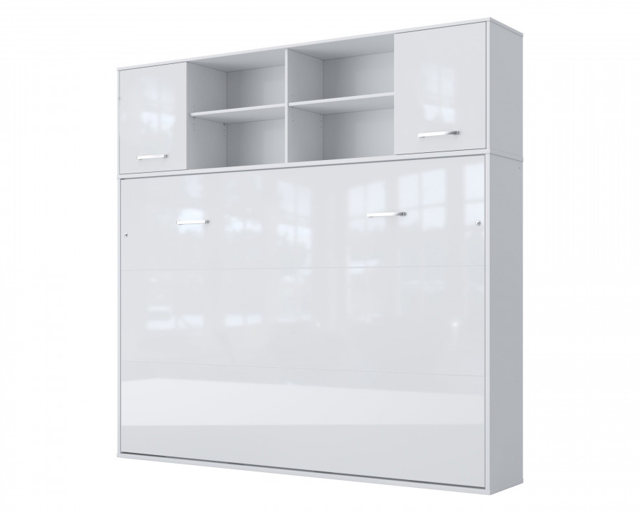 Maxima Inverto Murphy Horizontal Bed with Cabinet on Top - Venatino White, Full Size