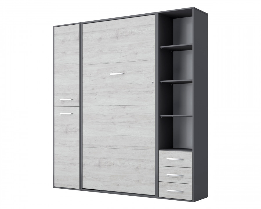 Maxima Inverto Murphy Vertical Wall Bed with 2 Cabinets and Open Storage - White/Gray, Full Size