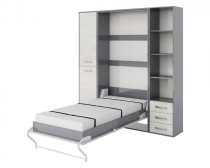 Maxima Inverto Murphy Vertical Wall Bed with 2 Cabinets and Open Storage - White/Gray, Full Size