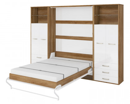 Maxima Inverto Murphy Vertical Wall Bed with 2 Cabinets - Oak Country/White, Full Size