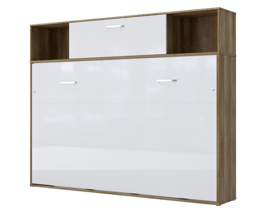 Maxima Inverto Murphy Horizontal Wall Bed with Cabinet on Top - Oak Country/White, Full XL Size