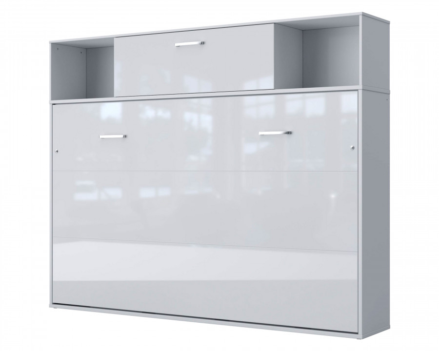 Maxima Inverto Murphy Horizontal Wall Bed with Cabinet on Top - Venatino White, Full XL Size