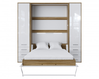 Maxima Inverto Murphy Vertical Wall Bed with 2 Cabinets - Oak Country/White, Full XL Size