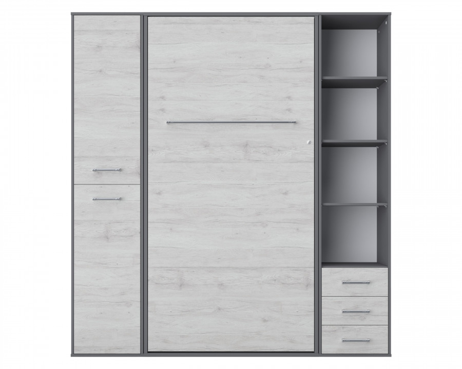 Maxima Inverto Murphy Vertical Wall Bed with 2 Cabinets and Open Storage - White/Gray, Full XL Size