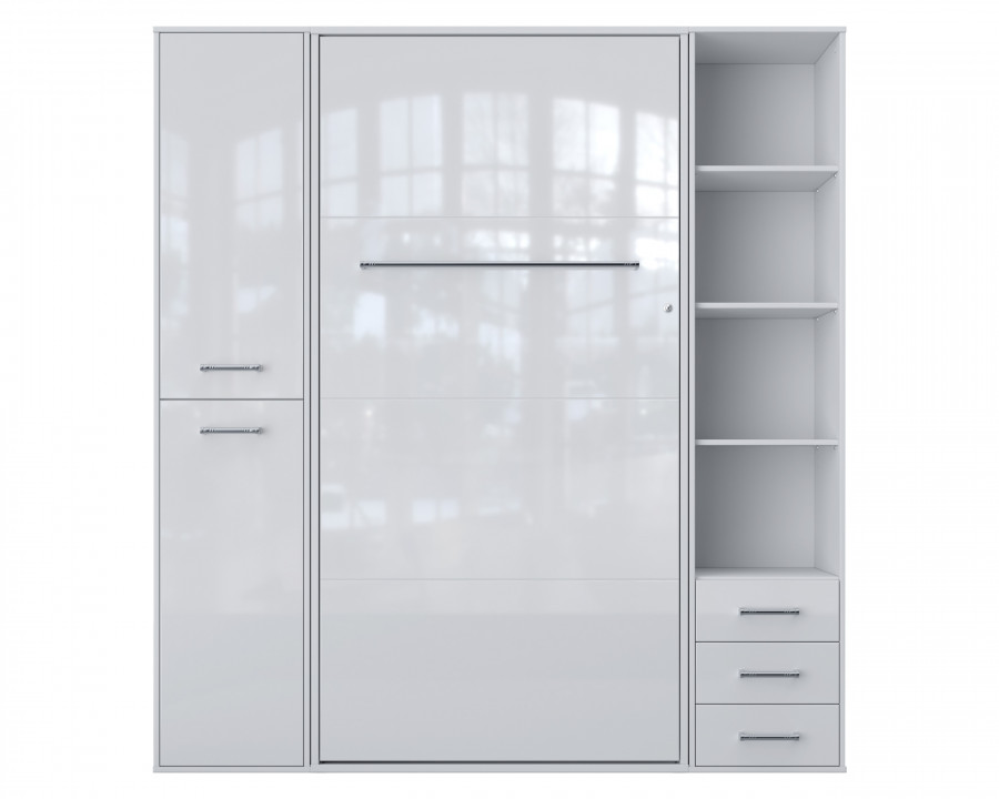 Maxima Inverto Murphy Vertical Wall Bed with 2 Cabinets and Open Storage - Venatino White, Full XL Size