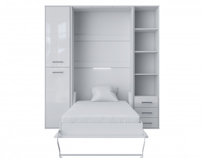 Maxima Inverto Murphy Vertical Wall Bed with 2 Cabinets and Open Storage - Venatino White, Full XL Size